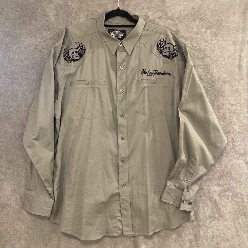 Gray Mens Harley Davidson 2XL Button‎ Up Skulls Shirt Long Sleeve Double Sided